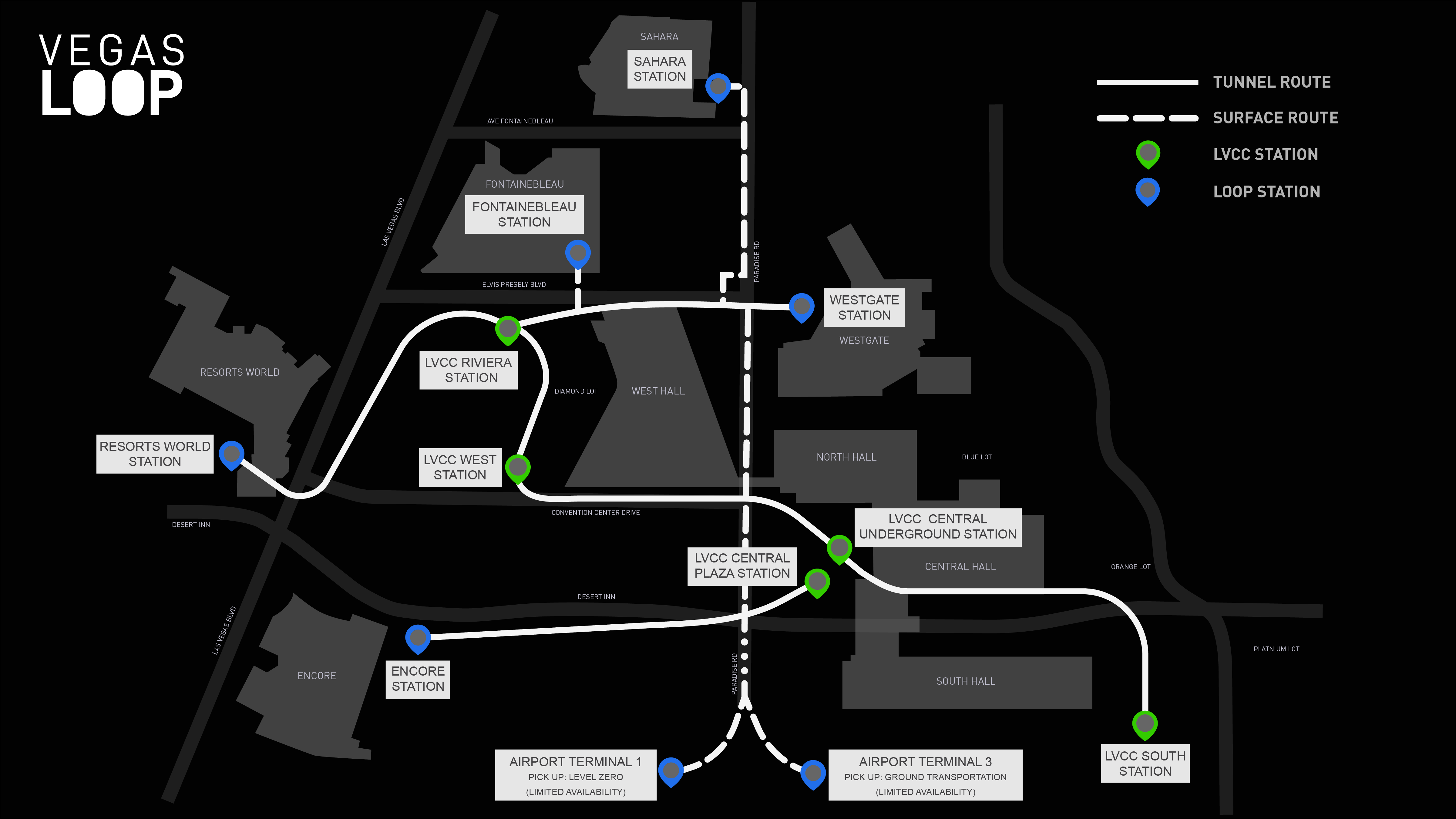 Vegas Loop route map showing the SAHARA Las Vegas station and its connections across the Vegas Loop network, including the Las Vegas Convention Center campus, Strip resort stations, and Harry Reid International Airport.